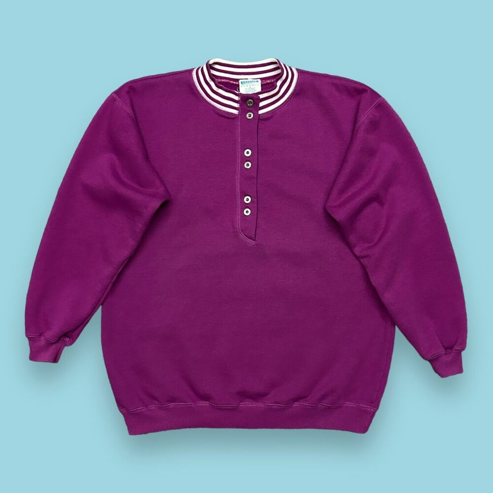 Vintage 80s Blank Sweatshirt Crewneck Pullover Striped Dark Magenta Medium